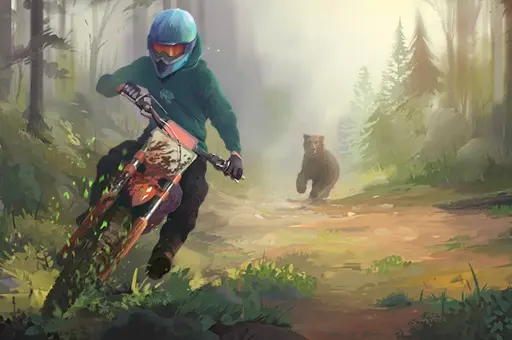 Ciclista com capacete azul e roupa verde pilotando uma moto de trilha em uma floresta, enquanto um urso corre atrás. Imagem promocional de um jogo de bicicleta de trial com obstáculos e perseguição na natureza.